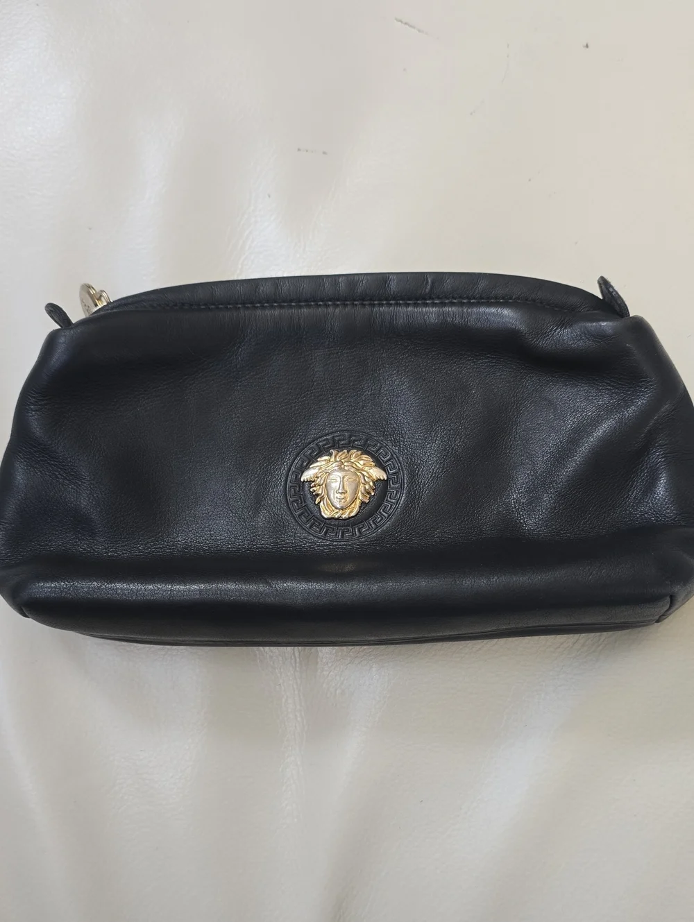 Gianni Versace Black Leather Medusa Vintage Cosmetic Pouch with Gold Emblem